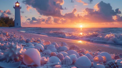 Zelfklevend Fotobehang Sunset beach with glowing lanterns, steam lighthouses, and neon seashells © Vodkaz