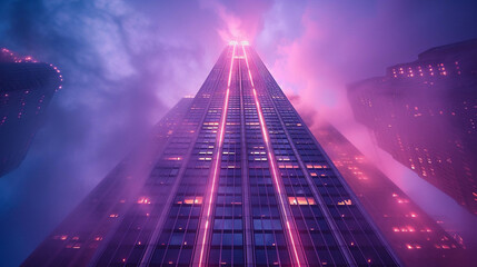 Majestic skyscraper with neon lights mesmerizing onlookers at night