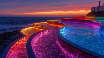 Nighttime beach with neon tidal pools and steampunk sculptures