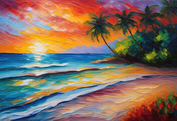 painting of a beach, watercolors artwork, sunset on a tropical island