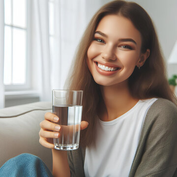 friendly positive girl beaming smile sitting sofa hold glass fresh water on white room background