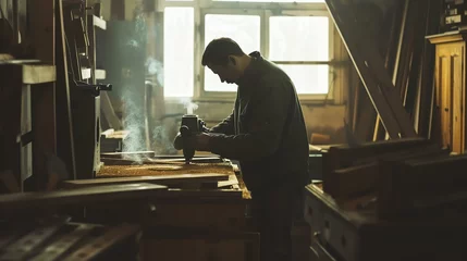 Foto op Plexiglas Expert craftsman creating masterpiece in rustic woodworking shop. The artisan's skilled hands effortlessly transform raw wood into a beautiful piece of art. © stocker