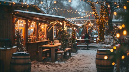 A magical festive holiday market adorned with dazzling lights and whimsical decorations. Immerse yourself in the joyous ambiance and explore the charming stalls offering unique gifts and del