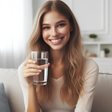 friendly positive girl beaming smile sitting sofa hold glass fresh water on white room background