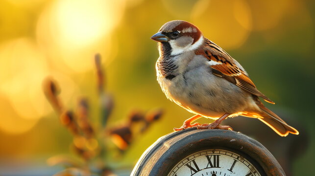A sparrow perches on an antique clock, bathed in the golden light of the setting sun.