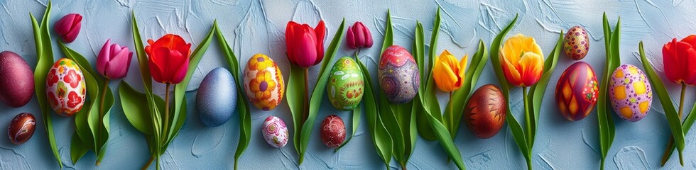 An aerial view of a selection of Easter eggs, each with its own artistic appeal, placed among tulips on a smooth blue canvas. The natural lighting emphasizes the vividness of the colors.