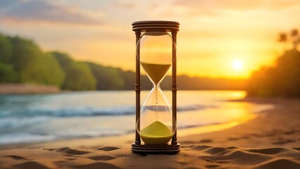 hourglass on yellow background. Daylight saving time end, real estate concept and blurred landscape of river beach Blue sky with sunset light and natural green. digital ai