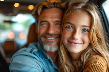 Happy european family dad little daughter riding car, traveling by automobile together, parents and daughter enjoying road trip on weekend