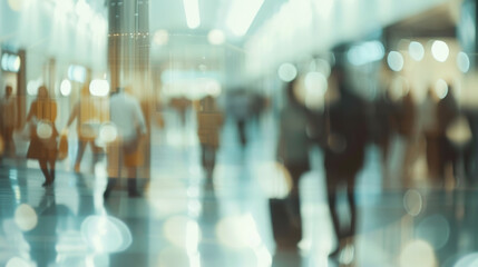 blurry scene of people in motion in a modern urban indoor setting