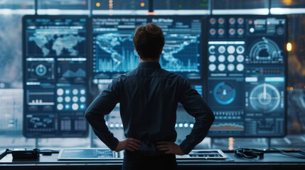 The photo captures a person from behind looking at a complex array of digital screens with various data and graphs in a high-tech control room environment.