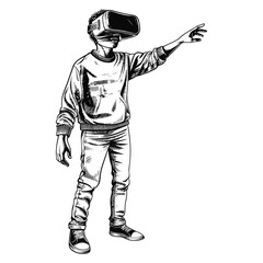 teenager playing virtual reality headset in old engraving style art