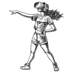 Fototapeta premium woman playing virtual reality headset in old engraving style art
