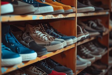 A wall with shoes inside the store. There are many different shoes on the shelves