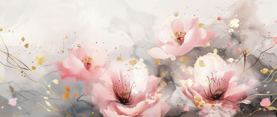 watercolor abstract background with pink flowers in the style of gold and beige Generative AI