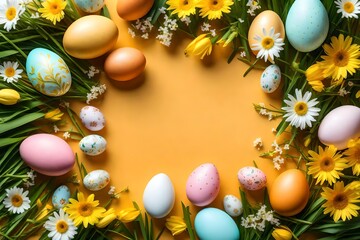 Fototapeta na wymiar Spring Easter holiday top view flat lay background with eggs in nests and spring flowers