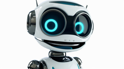A charming and friendly robot with a beaming smile, captured in a close-up portrait that exudes warmth and playfulness. This simple yet captivating 3D illustration showcases the perfect bala