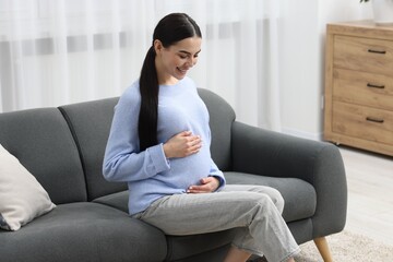 Happy pregnant woman on sofa at home