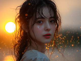 portrait of a woman on the rain