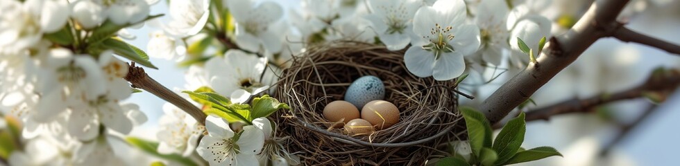 Naklejka na ściany i meble A serene image of a well-camouflaged nest with small eggs, cradled in the branches of a tree bursting with white blossoms, under the clear, bright sky of early spring.