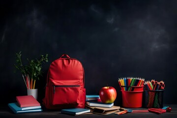 Back to school concept red bag , books , pencils on dark background.