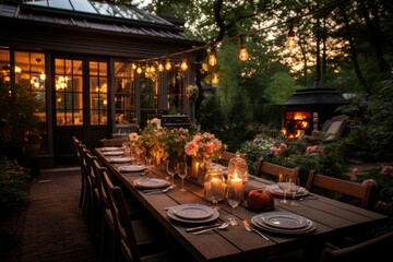 Intimate backyard dinner party concept. wooden table outside covered with plates and beautiful decorations with lights in the evening.
