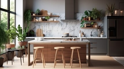 Rustic style kitchen interior design, colored furniture with wood elements, warm background. AI generated.