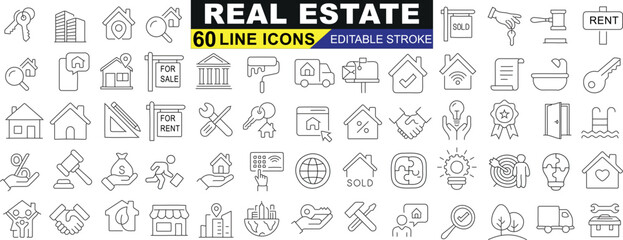 Real Estate line icon set, editable stroke. Houses, apartments, sold signs, rent indicators. Perfect for websites, apps, advertisements. Enhance user experience with clear, intuitive icons
