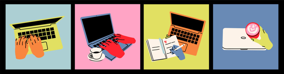 Human hands typing on laptop keyboard. Laptops with hands, coffee cup, notebook. Computing, working online, freelancing, education concept. Hand drawn isolated Vector illustrations. Square icons - 737404172