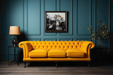 Picture a warm ambiance with a yellow sofa and a matching table, harmonizing with an absolutely empty blank frame, awaiting your text to make a statement.