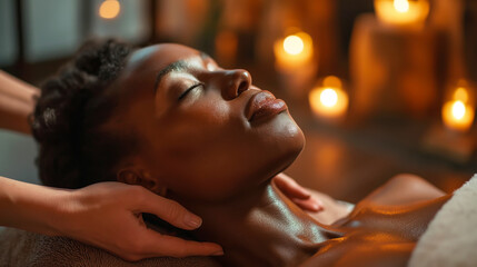 Attractive black woman enjoying relaxing massage at spa salon - Powered by Adobe