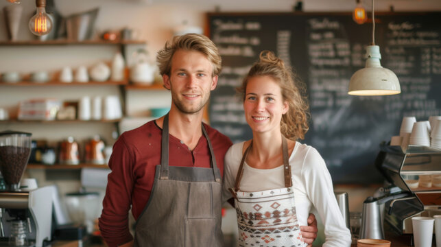 Two baristas, a man and a woman, are smiling and posing together in a warmly lit coffee shop with coffee machines and a menu board in the background.
