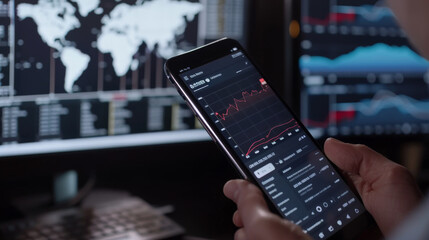 close-up of a hand holding a smartphone with stock market data on the screen, with a laptop in the background displaying additional financial charts