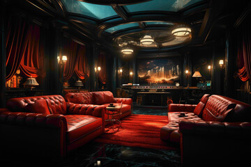 Visualize the interior of a classic cinema, featuring vintage-inspired decor, iconic movie posters, and a screen that transports you to another world.