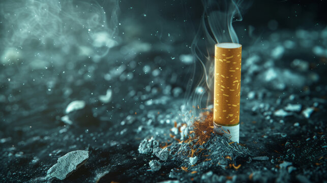 A discarded cigarette butt stands amidst ashes, embodying the health risks associated with smoking and the importance of cessation efforts.