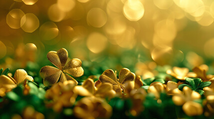 St. Patrick´s day celebration golden lucky clover - obrazy, fototapety, plakaty