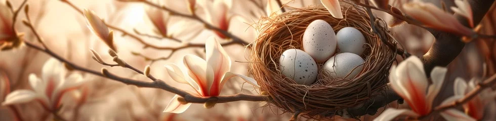 Zelfklevend Fotobehang A realistic portrayal of a cozy nest with delicate eggs, ensconced in the fragrant blossoms of a magnolia tree, illuminated by the soft, gentle light of a spring afternoon. © Hanzala