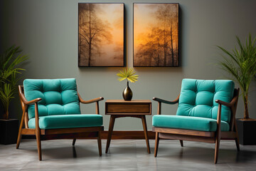 Step into a room of simplicity with brown and teal chairs against a blank canvas. Picture an empty frame on the wall, waiting for your creative input to enhance the elegantly uncomplicated atmosphere.