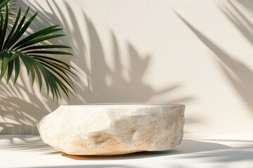 Fototapeta na wymiar Natural stone empty podium pedestal with tropical leaves shadow for your product presentation.