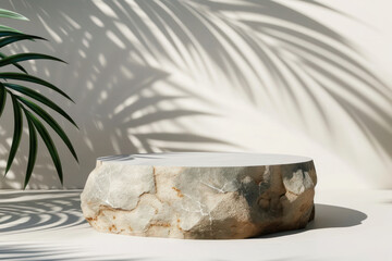 Natural stone empty podium pedestal with tropical leaves shadow for your product presentation.