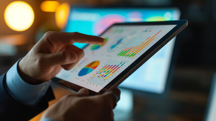 A professional is analyzing financial data on a tablet, interacting with charts and graphs displayed on the screen in a corporate setting. - obrazy, fototapety, plakaty
