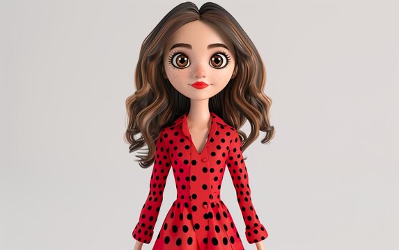 3d cartoon character of a brunette girl with big brown eyes.