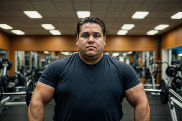 Fototapeta na wymiar A man with obesity standing in front of a gym machine, ready to start his workout.