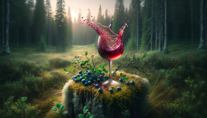 Splash of blueberry wine in the forest in the north - obrazy, fototapety, plakaty