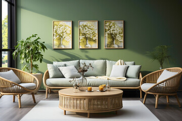 Transport yourself to a modern living room featuring an Ellipse coffee table, a light green sofa, and wicker chairs arranged thoughtfully against a refreshing green wall. 