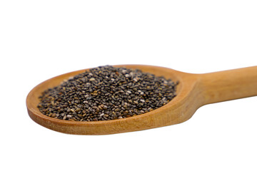 Chia seeds in wooden spoon isolated on white background