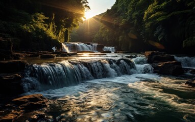 The sun illuminates a small waterfall, casting a bright glow on the cascading water.