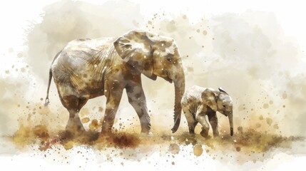 a watercolor painting of an adult and baby elephant in a field of grass and dirt, with the baby elephant in the foreground.