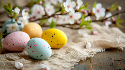 Fototapeta na wymiar Easter still life with colorful eggs and sakura branches close-up