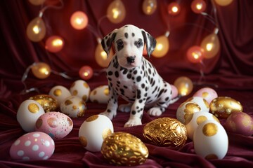 A Dalmatian puppy with Easter egg spots, sitting among a circle of elegant, white and gold Easter eggs on a rich, burgundy surface.