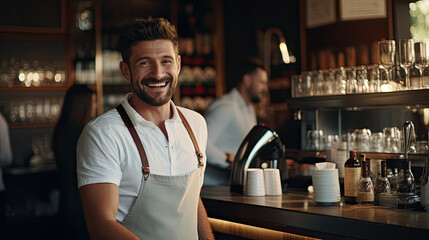 Smiling male bartender or barista in an apron behind the bar counter. Cafe or restaurant business.